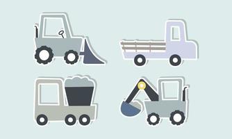 Set of funny transport stickers for kids hand drawn graphic. Vector illustration.