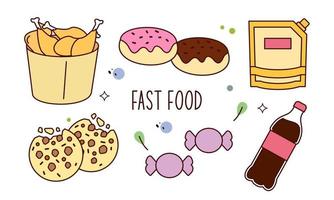 Fast food doodle hand drawn line art style object elements vector