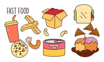 Fast food doodle hand drawn line art style object elements vector