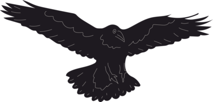 cuervo negro o pájaro cuervo. vista lateral. estilo de dibujos animados, diseño plano. halloween, concepto de terror. dibujado a mano de moda aislado. logotipo, impresión, plantilla de diseño png