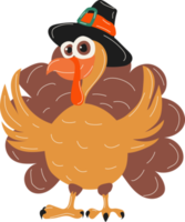 Feliz día de acción de gracias. pavo de dibujos animados en un sombrero de peregrino. png