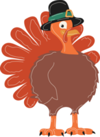 Happy Thanksgiving Day. Cartoon Turkey in a pilgrim hat. png