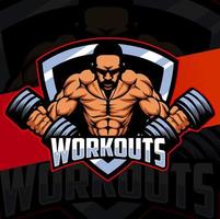 fitness man with strong muscle and barbell mascot logo concept for fitness and sport business design vector