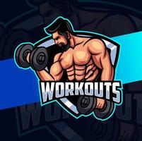 hombre de fitness con músculo fuerte y concepto de logotipo de mascota de pesas para diseño de negocios de fitness y deporte vector