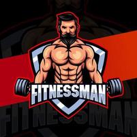 hombre de fitness con músculo fuerte y concepto de logotipo de mascota de pesas para diseño de negocios de fitness y deporte