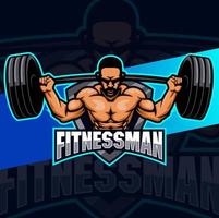 hombre de fitness con músculo fuerte y concepto de logotipo de mascota de pesas para diseño de negocios de fitness y deporte vector