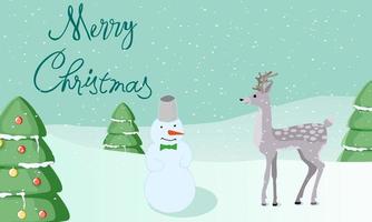 Vector hand drawn postcard with reindeer and snowman.Can be used for greeting cards posters and other kinds of design.