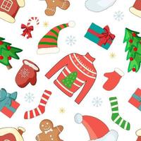 Christmas seamless pattern of festive items.New year symbols on a white background.Flat vector illustration.