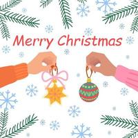 The Christmas card is decorated with Snowflakes, Ornaments And Fir branches. Women's hands decorate the Christmas tree. Flat vector in cartoon style on white background.