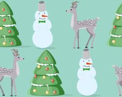 Seamless pattern of reindeer snowmen and Christmas trees.Decorative holiday pattern.For greeting cards posters and wrapping paper.Flat vector illustration.