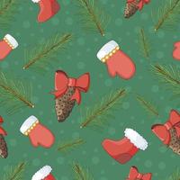 Seamless background with Christmas decorations. Pine branches, bows and cones. vector