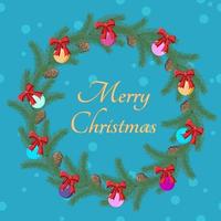 corona de navidad.una corona de ramas de abeto y juguetes de árbol de navidad con la inscripción feliz navidad.elemento de diseño de banner de saludo de tarjeta de navidad.ilustración vectorial plana. vector