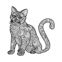 Antistress coloring book page with ornate patterns, cat with lines and waves, cute mammal coloring book for kids and adults vector