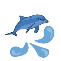 Dolphin in cartoon style, aquatic animal and drops of water for design vector