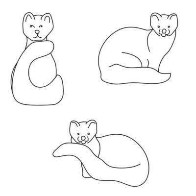 Sable line art, set of stylized seated sables with fluffy tails