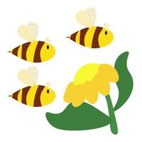 tres abejas volando a una flor, abejas melíferas en un prado de flores al estilo de las caricaturas vector