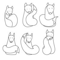 Fox line art, set of stylized seated foxes with fluffy tails vector