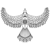 Fantasy flying bird with patterned wings, meditative coloring page with flying character vector