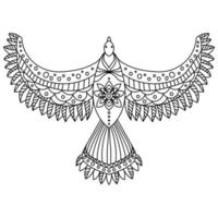 Fantasy flying bird with patterned wings, meditative coloring page with flying character vector