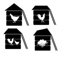 Set of silhouettes of chicken coops with cut out contours of poultry and nest with eggs vector