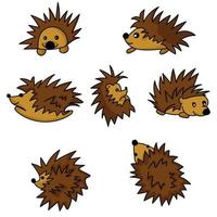 Set of cute hedgehogs in various poses, thorny animals top and side view for design and creativity vector