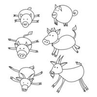 Domestic hoofed animals in doodle style, goat calf and pig lying and standing vector