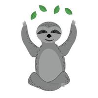 Sitting sloth practicing yoga, cute meditating animal with green leaves, gray sloth in flat style vector