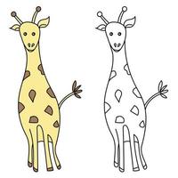 Cute giraffe coloring page with an example of color distribution, page for creativity with children about wild animals, stylized image of an exotic animal vector