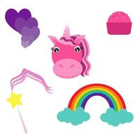 Set with unicorn and rainbow, cute magic items for design vector