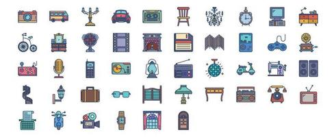 Collection of icons related to Retro style 80c objects, including icons like Camara, Camper van, Car, Clock and more. vector illustrations, Pixel Perfect set