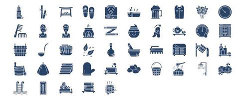Collection of icons related to Sauna and spa, including icons like Bamboo, Bath Bench, Bathrobe, Bathtub and more. vector illustrations, Pixel Perfect set