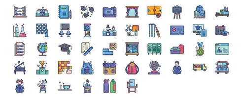 Collection of icons related to School education, including icons like Book, Exam Paper, Graduation, Globe and more. vector illustrations, Pixel Perfect set