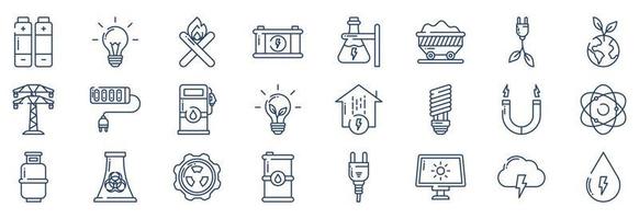 Collection of icons related to Power and Energy, including icons like Battery, Bulb, electric power, Ecology and more. vector illustrations, Pixel Perfect set