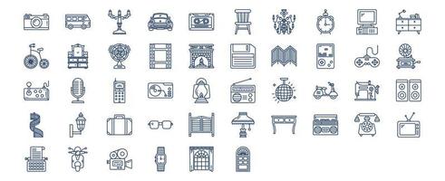 Collection of icons related to Retro style 80c objects, including icons like Camara, Camper van, Car, Clock and more. vector illustrations, Pixel Perfect set