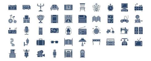 Collection of icons related to Retro style 80c objects, including icons like Camara, Camper van, Car, Clock and more. vector illustrations, Pixel Perfect set