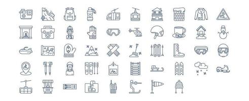 Collection of icons related to Ski Resort, including icons like Action Camera, Avalanche, Cabin, Chalet and more. vector illustrations, Pixel Perfect set