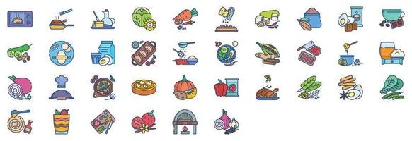 Collection of icons related to Recipes and ingredients, including icons like Baking, coffee, pumpkin pie, Pizza and more. vector illustrations, Pixel Perfect set