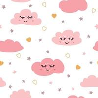 Clouds pattern. Seamless pattern with smiling sleeping clouds stars hearts for baby girl design. Cute baby shower pink background. Childish style wallpaper textile fabric cloth. Vector illustration.