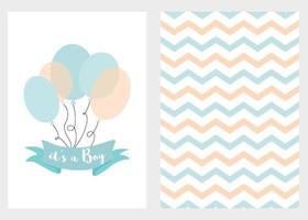 invitación de baby shower para niños cinta de globos azules con texto conjunto de 2 tarjetas elementos de diseño de globos azules para la fiesta de llegada del bebé lindo zigzag fondo dibujado a mano ilustración vectorial plantillas azules. vector