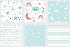 Stars smiling clouds moon kids repeate background Set of background patterns in pale blue Striped design Baby Shower, Birthday scrapbook greeting cards gift wrap surface textures Vector illustratiion.