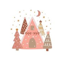 Cute pink countryside house with Christmas tree and snow. Cozy winter house isolated graphic element. Vector winter illustration