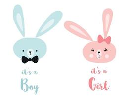 It's a boy it's a girl Vector greeting card. Baby shower card. Baby announcement card design element rabbit balloon Baby shower party design element Bunny rabbit head Illustration isolated on white.