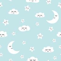 Cloud seamless pattern Sleeping clouds moon stars on light blue background Baby boy ornate Cute hand drawn sky banner with smile elements for children design Decprative paper Vector illustration.