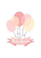 Baby shower text on pink ribbon decorated pink yellow ballons Vector card for baby shower day invitation. Inscription on ribbon baby shower Bunch of pink balloons Vector cute birthday paty element.