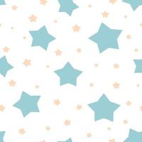 Fondo de estrellas patrón abstracto sin costuras con estrellas afiladas amarillas azules claras sobre fondo blanco. ilustración vectorial baby shower diseño textil textura cosmos para tela de envoltura de papel cielo mágico. vector