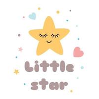 Kids poster Text Little star Cute yellow star with eyes Happy Sleeping Baby shower element decorated polka dot hearts Childish cartoon style print Happy Star character Baby tag Vector Illustration.