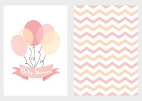 Baby shower invitation for girls Pink balloons ribbon with text Set of 2 cards Pink balloons design elements for baby arrival party Cute zig zag hand drawn background Vector illustration