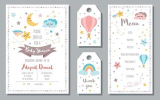 Baby shower card set with cute star smiling, cloud dreaming, moon, rainbow nursery elements for baby invitations. Vector illustration