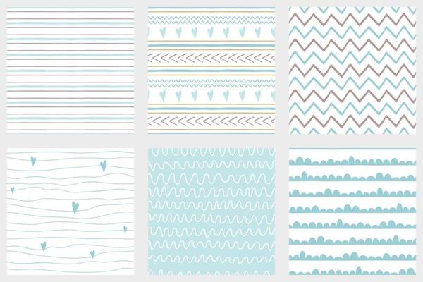 Baby boy shower blue collection Hand drawn seamless pattern set Blue simple textures background fabric cloth Stripes lines zig zag stroke irregular graphic childish design Cute vector illustration.