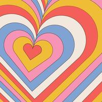 Groovy Heart shaped concentric stripes in retro trippy style. Hypnotic love tunnel. 70s psychedelic rainbow retro background. Vector design.